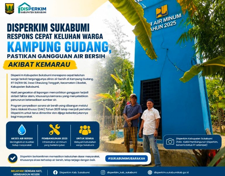 Disperkim Sukabumi memastikan sarana air bersih Kampung Gudang masih berfungsi di tengah kemarau.